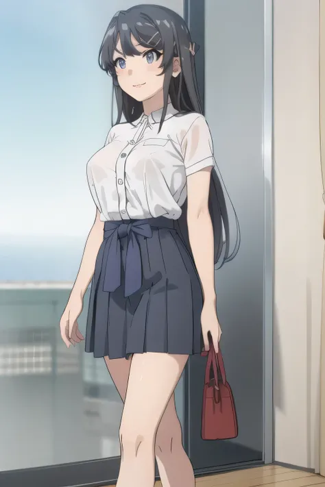 A woman with a lovely smileをさらに繊細に描いて下さい，dark blue micro mini skirt，white blouse，,even with big breasts and a thin waist，，OL ，black hair long hair，Let's draw a more delicate expression，A woman with a lovely smile，black hair long hairの女性，，can you draw an of...