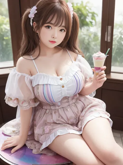 (top quality)、masterpiece、hyperrealism、princess who sits with her legs open in an m shape、
fashion magazine style,
Taken with X-T4,85mm,blurry background,
ice cream, sweets, sparkle, Rainbow, cake, strawberry, fruit,
features sexy women、The Girl Is ...