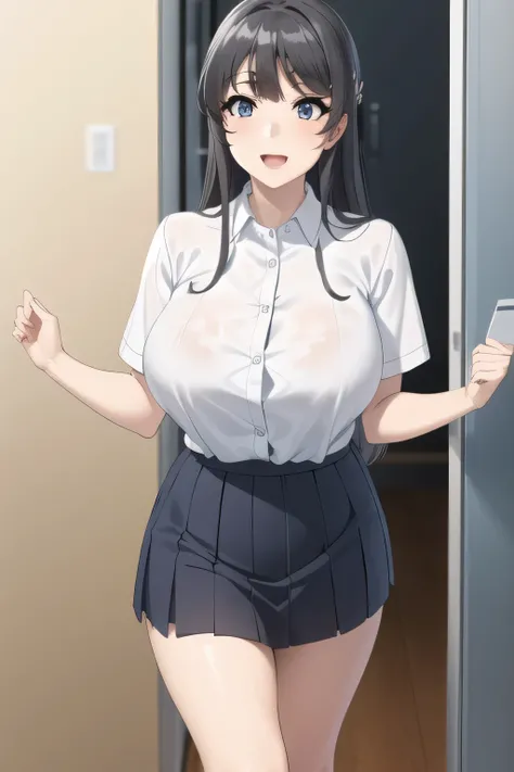 A woman with a lovely smileをさらに繊細に描いて下さい，Dark Blue Micro Mini Skirt，white blouse，,even with big breasts and a thin waist，，OL ，black hair long hair，Let's draw a more delicate expression，A woman with a lovely smile，black hair long hairの女性，，can you draw an of...