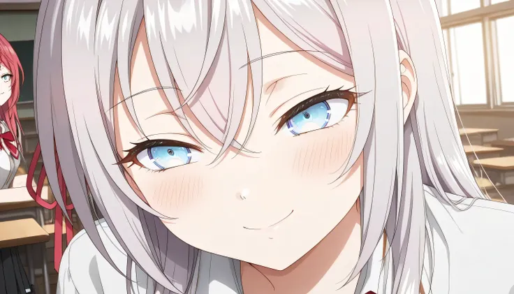 alisa mikhailovna kujou (roshidere), 1 female, ( beautiful high school girl , beautiful skin, smile, blush), long hair, silver hair, ahoge, crossed bangs, red hair ribbon, sidelocks, blue eyes, Beautiful and shining eyes, glossy lips , very detailed目と顔, lo...