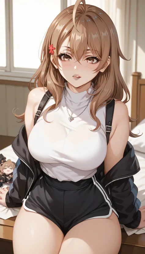 girl, maria mikhailovna kujou, long hair, bangs, brown hair, hair ornament, hair between eyes, brown eyes, ahoge, large breasts, black lips, blushed face, petite body, large breasts, big thighs , emo clothing 