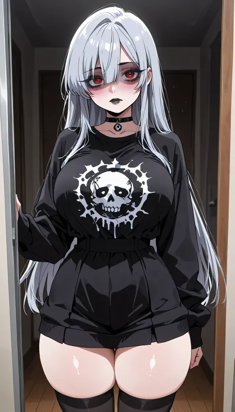 girl, nano eiai, long hair, bangs, hair between eyes, red eyes, grey hair, large breasts, black lips, blushed face, petite body, large breasts, big thighs , emo clothing