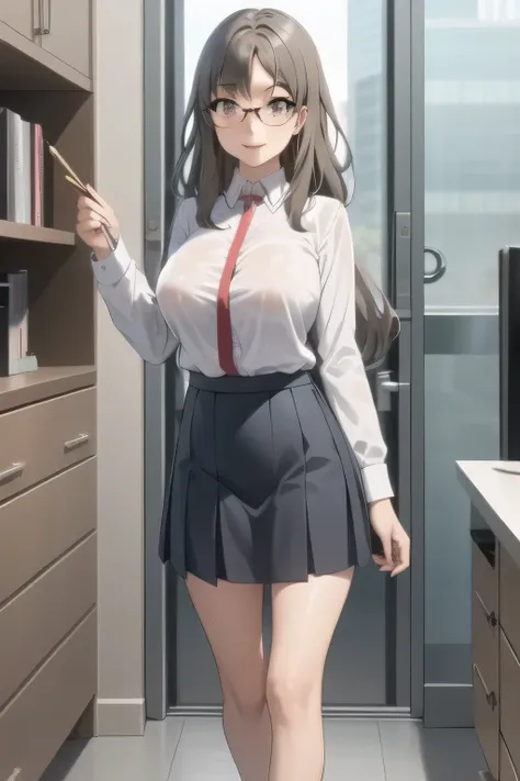 A woman with a lovely smileをさらに繊細に描いて下さい，Dark Blue Micro Mini Skirt，white blouse，,even with big breasts and a thin waist，，OL ，black hair long hair，Let's draw a more delicate expression，A woman with a lovely smile，black hair long hairの女性，，can you draw an of...