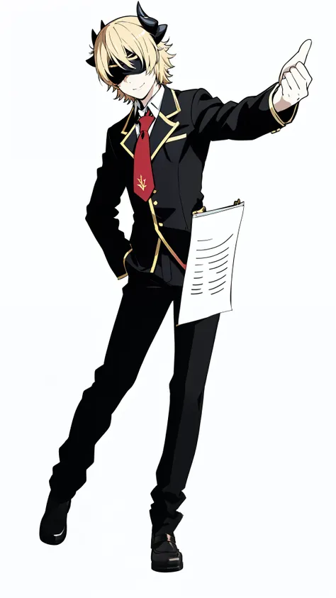 1boy,18s,short hair,blonde hair,solo,(no background, simple background, line drawing),red necktie,black jacket, blazer,long sleeves,pants,horns,black Blindfold, smile