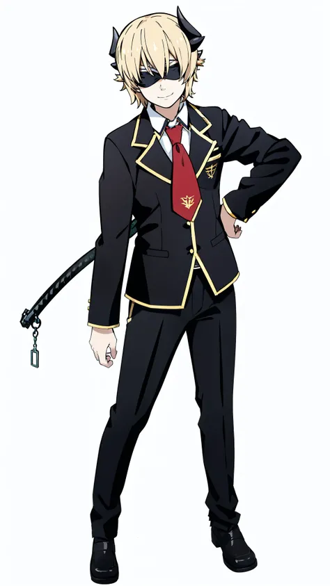 1boy,18s,short hair,blonde hair,solo,(no background, simple background, line drawing),red necktie,black jacket, blazer,long sleeves,pants,horns,black Blindfold, smile