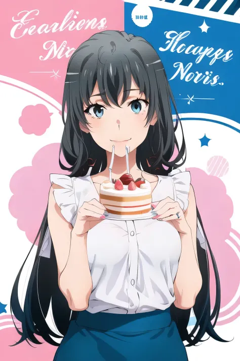 Look at lots of cakes、can you draw a woman who wants to be the heroine of a cake?，A place with lots of sweets,draw a woman who eats cake and is satisfied，white blouse，Navy Blue Mini Skirt,，OL ，black hair long hair，Let's draw a more delicate expression，Smil...