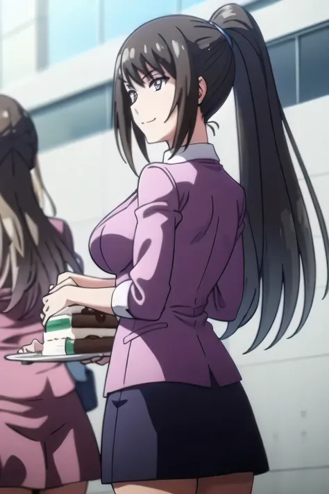 Can you draw a nice smile,See lots of cakes、draw a woman who wants to be the main character of a cake，A place with lots of sweets,draw a woman who eats cake and is satisfied，white blouse，Navy Blue Mini Skirt,，OL ，black hair long hair，Let's draw a more deli...