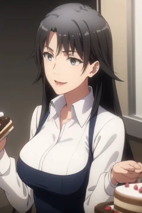 Look at lots of cakes、can you draw a woman who wants to be the heroine of a cake?，A place with lots of sweets,draw a woman who eats cake and is satisfied，white blouse，Navy Blue Mini Skirt,，OL ，black hair long hair，Let's draw a more delicate expression，Smil...
