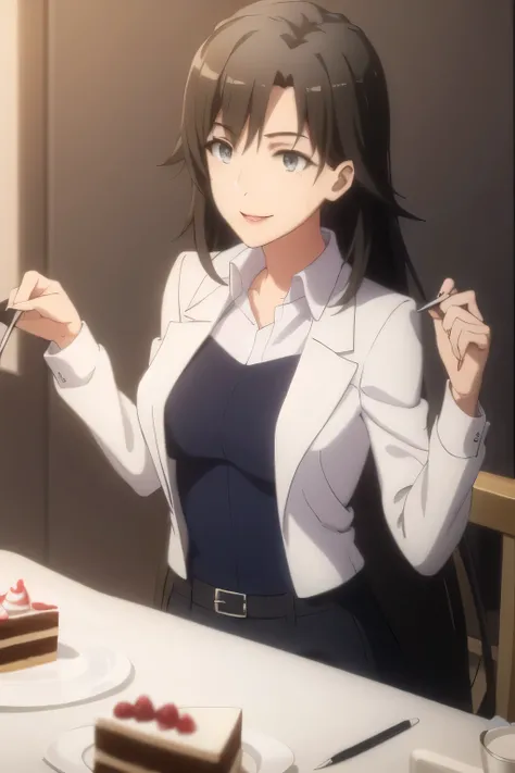 Look at lots of cakes、can you draw a woman who wants to be the heroine of a cake?，A place with lots of sweets,draw a woman who eats cake and is satisfied，white blouse，Navy Blue Mini Skirt,，OL ，black hair long hair，Let's draw a more delicate expression，Smil...