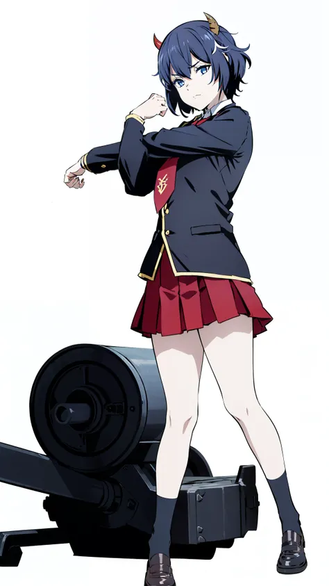 1girl ,20s,mature female,short hair,dark blue hair,oni horns,(white background, simple background, line drawing),red necktie,black jacket, blazer,long sleeves,pleated skirt, stretching, serious