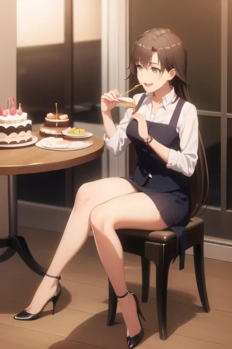 sleeveless blouse，dark blue micro mini skirt，high heels，Can you draw a woman with beautiful legs，See lots of cakes、draw a woman who wants to be the heroine of a cake?，A place with lots of sweets,Draw a woman who is satisfied eating a cake，white blouse，Navy...