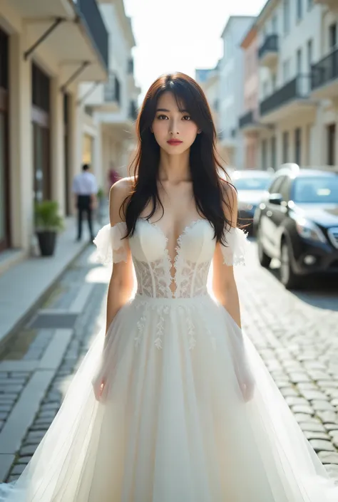 a young japanese woman wearing a beautiful white off-shoulder lace wedding dress with corset details. She is (standing) on a cobblestone street with buildings and cars in the background. The woman is smiling and looking directly at the camera. She has long...