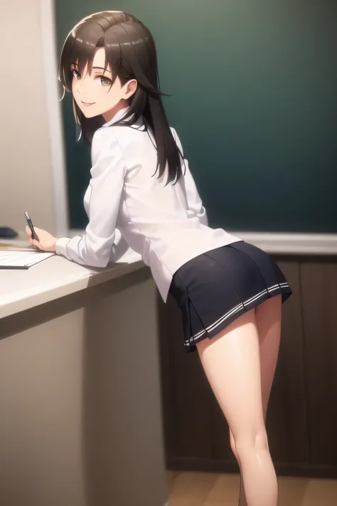 standing at the pulpit，Can you draw a figure looking back on a blackboard，white blouse，Navy Blue Mini Skirt,high heels，，OL ，black hair long hair，Let's draw a more delicate expression，Smiling lovely woman，transformation heroine,
