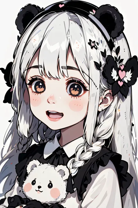  , 1girl, animal ears, hair ornament, smile, white hair, simple background, long hair, solo, open mouth, white background, bear ears, heart, bangs, :d, fang, braid, fake animal ears, black eyes, stuffed toy, blush stickers, hairband, upper body, long sleev...