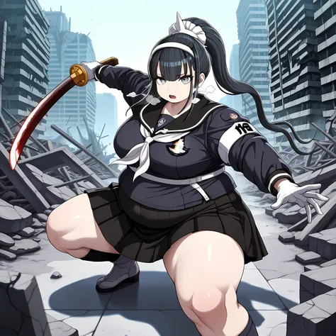 masterpiece, best quality, highres, newest, 1girl, solo, official style, artist cg,  kiyoshika, black hair, ponytail, grey eyes, headdress, battle uniform, black serafuku, white gloves, black skirt, white neckerchief, holding a katana against viewer, frown...