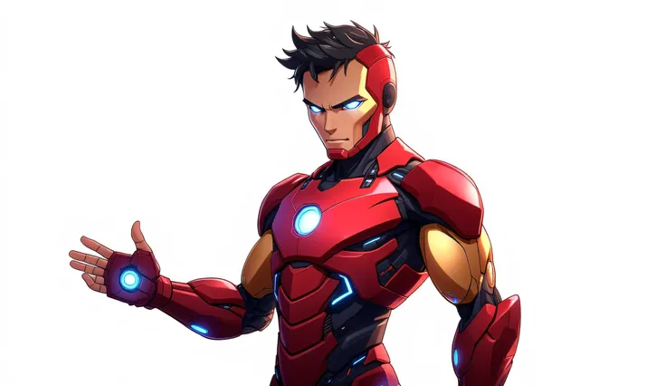 1 male, futuristic, 2D cartoon style, comic panel, white background, red and gold high-tech honeycomb structure nanotech armor assembling over his arm in segments, glowing blue energy lines, dramatic lighting, white background, cinematic shadows, The char...