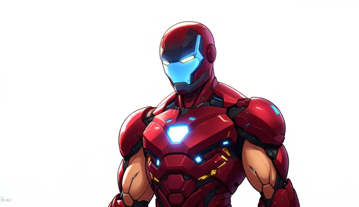 1 male, futuristic, 2D cartoon style, comic panel, white background, red and gold high-tech honeycomb structure nanotech armor assembling over his arm in segments, glowing blue energy lines, dramatic lighting, white background, cinematic shadows, The char...