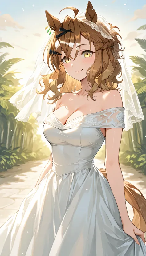 masterpiece, best quality, 1girl, jungle pocket, horse girl, brown hair, medium hair, ahoge, hair ornament, notched ear, horse tail, yellow eyes, multicolored hair, horse ears, wedding dress , wedding veil , off shoulder , cleavage , smile , outdoor , sky ...