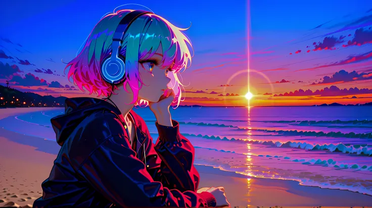 A girl with short hair in a jacket listening to music, on a lit beach, vibrant colors, lofi style and retro anime style.