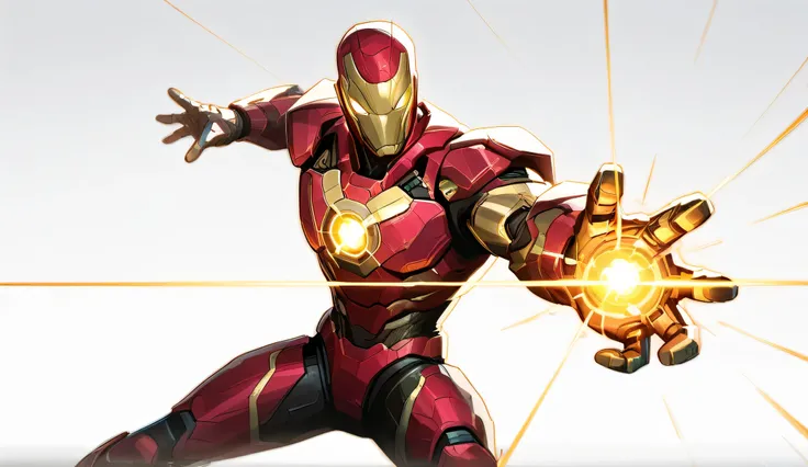 1 male, futuristic, 2D cartoon style, white background, right side, red and gold high-tech honeycomb design nanotech armor assembling over his arm in segments, glowing blue energy lines, dramatic lighting, white background, cinematic shadows, The characte...