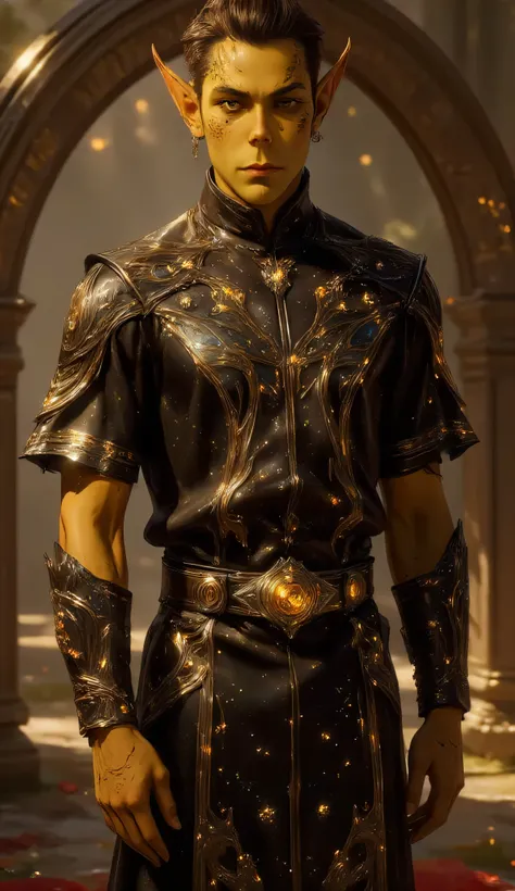 Gith, pointed ears, spots on skin, flat nose, 1male, groom, standing, full ceremonial attire, traditional Gith wedding, tall slender proportions, sharp golden eyes, smooth yellow-green skin adorned with faint psionic markings, solemn yet proud expression, ...