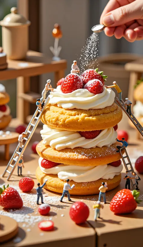 A delightful miniature world where tiny figurines are hard at work constructing a giant strawberry shortcake. The oversized cake is layered with fluffy golden sponge, rich whipped cream, and glistening, fresh strawberries. A team of tiny bakers in white ch...