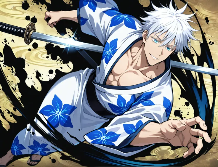 1man, adult, male focus, gojou satoru, jujutsu kaisen, white hair, short hair, ((hair between eyes)), colored eyelashes, white eyelashes, blue eyes, intricate eye iris, detailed eyes, muscular male, sexy man, handsome man, handsome face, white kimono with ...