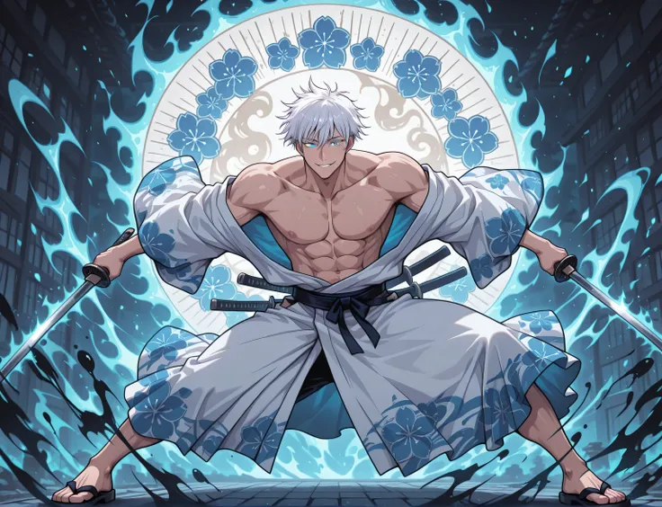 1man, adult, male focus, gojou satoru, jujutsu kaisen, white hair, short hair, ((hair between eyes)), colored eyelashes, white eyelashes, blue eyes, intricate eye iris, detailed eyes, muscular male, sexy man, handsome man, handsome face, white kimono with ...