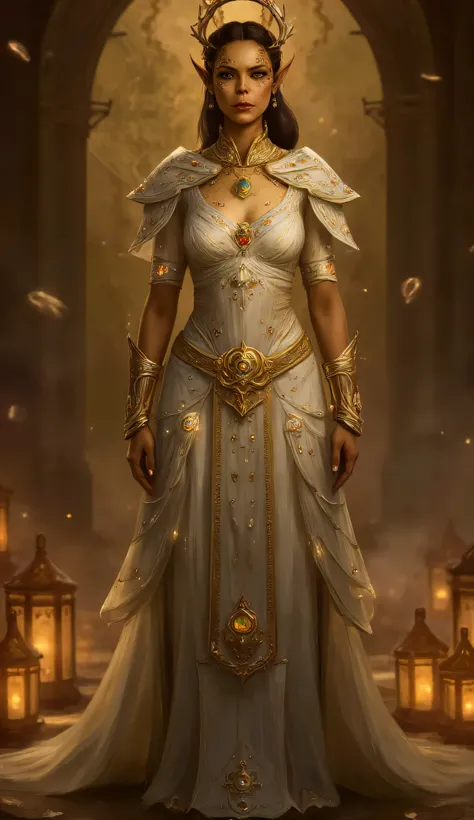 Gith, pointed ears, spots on skin, flat nose, 1female, bride, traditional Gith wedding attire, standing, ceremonial space, floating lanterns, glowing sigils, elegant elongated features, high cheekbones, smooth pale olive skin, glowing psionic patterns alon...