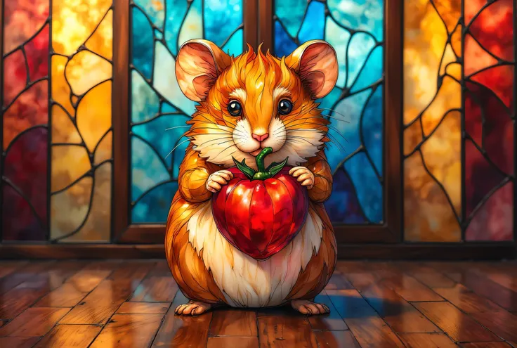 adorable golden hamster holding a bright red cherry tomato, stained glass style, cute and fluffy texture, big shiny black eyes, warm brown and cream fur, vivid colorful glass panels, wooden floor with light reflections, centered composition, high contrast ...