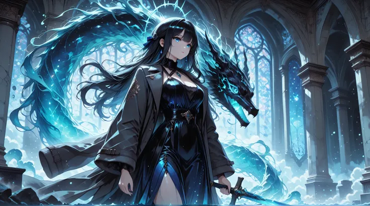 high definition eyes, A graceful floating, holding a sword in a threatening way, fragments of energy, coat and underneath an elegant dress , challenging and penetrating look with a subtle mysticism, ethereal mystery swirling around her, all bathed in warm ...