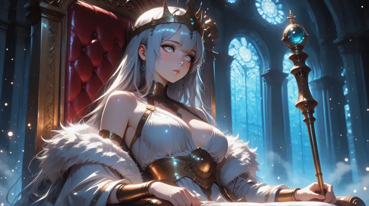 anatomically correct, beautiful face, perfect face, beautiful and very detailed face and eyes, Attractive Face , detailed face, delicate facial features, with bare shoulders, Tops, helmet, wearing a detailed Emperor dress, crown on the head, hands holding...