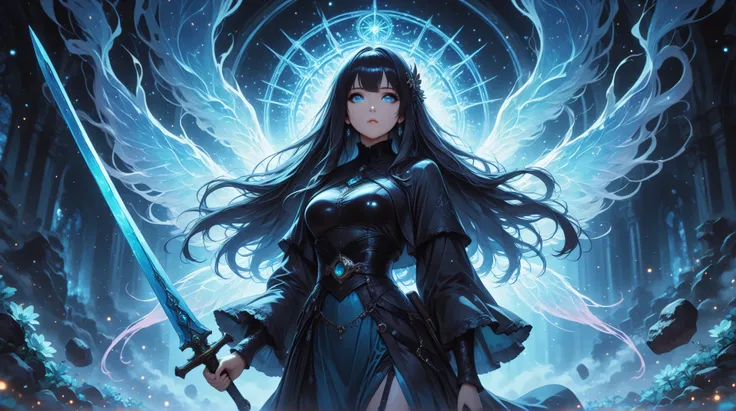 high definition eyes, A graceful floating, holding a sword in a threatening way, fragments of energy, modern clothing , challenging and penetrating look with a subtle mysticism, ethereal mystery swirling around her, all bathed in warm and luminous layers o...