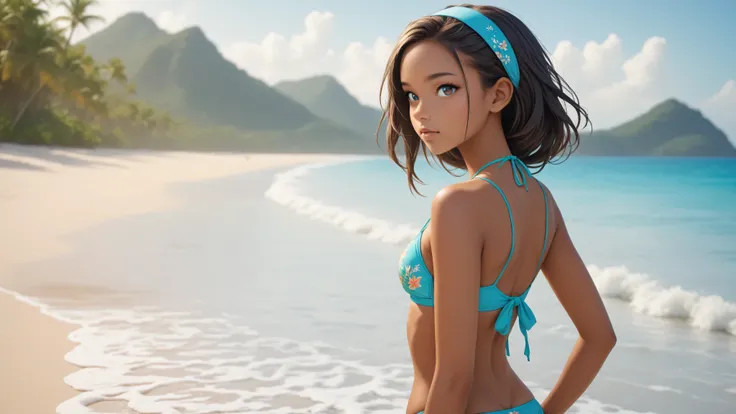 ((1girl, solo)), standing in the water at the beach, ((ta)), ((dark tan girl), (tan skin), cute girl, ((teenager)), ((skinny)), ((petite)), (long hair), (side braid), ((black hair)) ((STREAKS OF BLUE in her hair)), pastel colors, perfect ass, ((tight bikin...