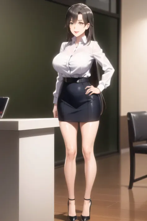 Standing at the pulpit，with a thin waist even with huge breasts，white blouse，Navy Blue Mini Skirt,high heels，，OL ，black hair long hair，Let's draw a more delicate expression，Smiling lovely woman，transformation heroine,