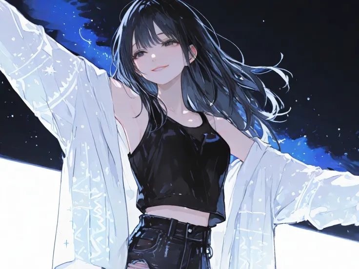 score_9, score_8_top, score_7_top, one young girl, 18 years old, alone, dancing in bellow of night sky full of stars, soft gently smile, realistic fiture, energic, long hair, black hair with light pattern, smooth hair, black eyes, beautiful eyes, black tan...