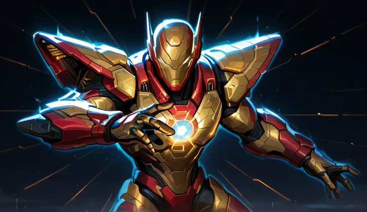 1 male, futuristic, 2D cartoon style, white background, right side, red and gold high-tech honeycomb design nanotech armor assembling over his arm in segments, glowing blue energy lines, dramatic lighting, white background, cinematic shadows, The characte...