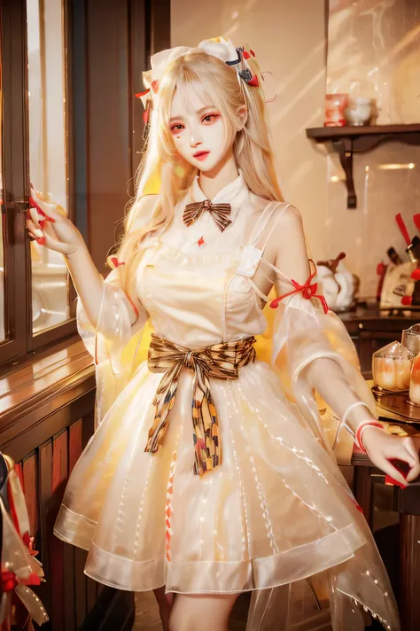 High quality, masterpiece, 4k, beautiful woman, long blonde hair,, wearing pure white dress (maid style) (large ribbon around waist), 
dark eye shadow, dark lipstick) cafe waitress (carrying iced tea)