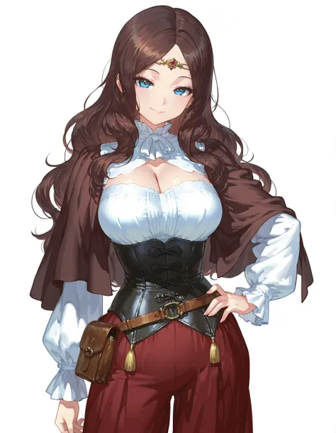 masterpiece, best quality, official anime illustration, (original character:1.2), (1girl:1.2), (solo:1.2), (Leonardo da Vinci genderbend:1.3), cowboy shot, from front, voluptuous body, large breasts, subtle cleavage, looking at viewer, standing, one hand o...
