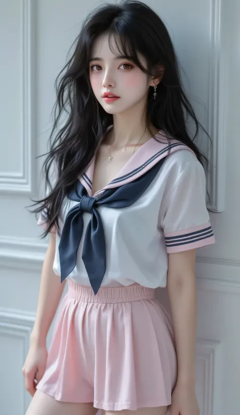 Perfect hot long hair, k-pop, her body is like a model, ((best quality, 8k, RAW photo, masterpiece :1.3)), (realistic :1.37), highly detailed, ultra high resolution, (professional lighting), looking at the camera, ((full body photo)), small breasts, perfec...