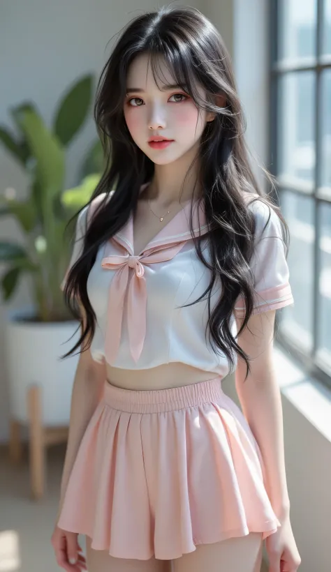 Perfect hot long hair, k-pop, her body is like a model, ((best quality, 8k, RAW photo, masterpiece :1.3)), (realistic :1.37), highly detailed, ultra high resolution, (professional lighting), looking at the camera, ((full body photo)), small breasts, perfec...