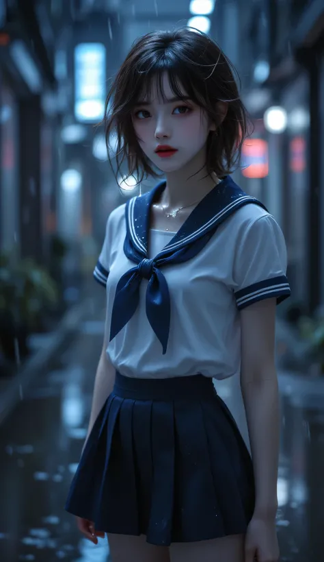 ((Highest quality)), ((masterpiece)), (detailed), ((very detailed face)), High resolution photograph, ((full body portrait)), (A female high school student, She wears a short-sleeved white sailor uniform with a navy blue collar and a blue scarf, a navy blu...