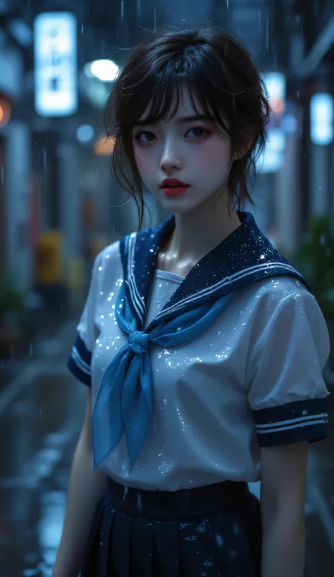 ((Highest quality)), ((masterpiece)), (detailed), ((very detailed face)), High resolution photograph, ((full body portrait)), (A female high school student, She wears a short-sleeved white sailor uniform with a navy blue collar and a sky blue scarf, a navy...