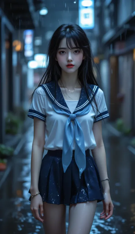 ((Highest quality)), ((masterpiece)), (detailed), ((very detailed face)), High resolution photograph, ((full body portrait)), (A female high school student, She wears a short-sleeved white sailor uniform with a navy blue collar and a sky blue scarf, a navy...