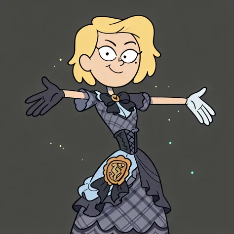 score_9, score_8_up, score_7_up, 1girl, Waybright, blonde hair, short hair, mole under eye, flat chest, narrow waist, wide hips, looking at viewer, highres, high quality,smile,pose,looking at viewer,trailblazer bash,official alternate costume,dress,black d...