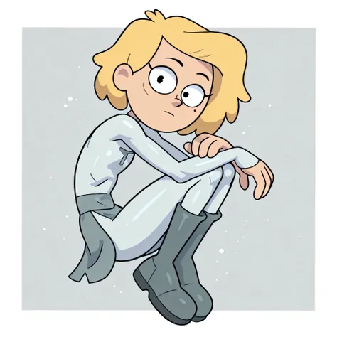 score_9, score_8_up, score_7_up, 1girl, Waybright, blonde hair, short hair, mole under eye, flat chest, narrow waist, wide hips, looking at viewer, highres, high quality, masterpiece,viltrumite_bodysuit, white bodysuit, grey trim, loincloth, gray boots, to...