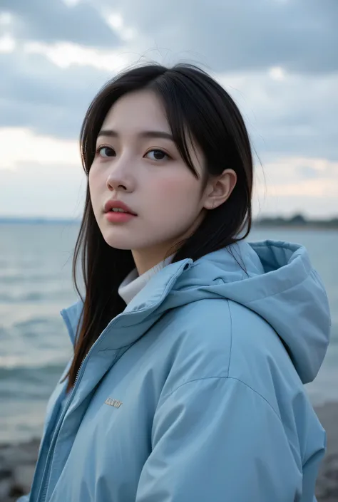 Prompt:
A dreamy portrait of a young woman with long, straight black hair and natural makeup, standing by the seaside under a cloudy sky at dusk. She is looking slightly upwards, with a thoughtful, serene expression. She wears a light blue puffer jacket th...
