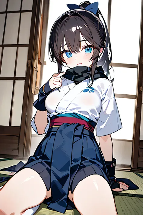 NINJA WIND，Beautiful girl，cool x ponytail，masterpiece，mysterious atmosphere， natural body，Finger gloves that cover up to below the elbow，scarf flowing behind，（（Kimono x short sleeve＋Hem x tight skirt style＝light blue ninja costume））knee-high socks that wra...