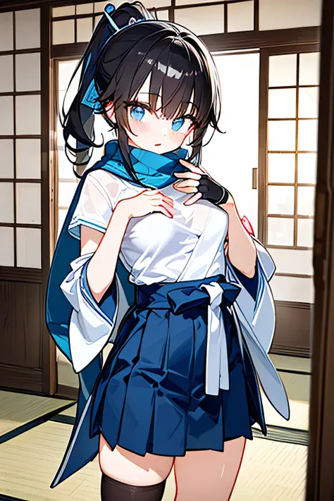 NINJA WIND，Beautiful girl，cool x ponytail，masterpiece，mysterious atmosphere， natural body，Finger gloves that cover up to below the elbow，scarf flowing behind，（（Kimono x short sleeve＋Hem x tight skirt style＝light blue ninja costume））knee-high socks that wra...