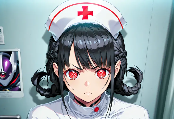 (Yokota Mamoru style),charming smiles,(portrait :1.4) 1 female, beautiful, ((wear black nurse clothes , nurse clothes based on black、with red accents, black hair, folded braids)), PURE BITCH, captivating body, ( raise eyebrows, evil_eye _sigma), sexy bo...